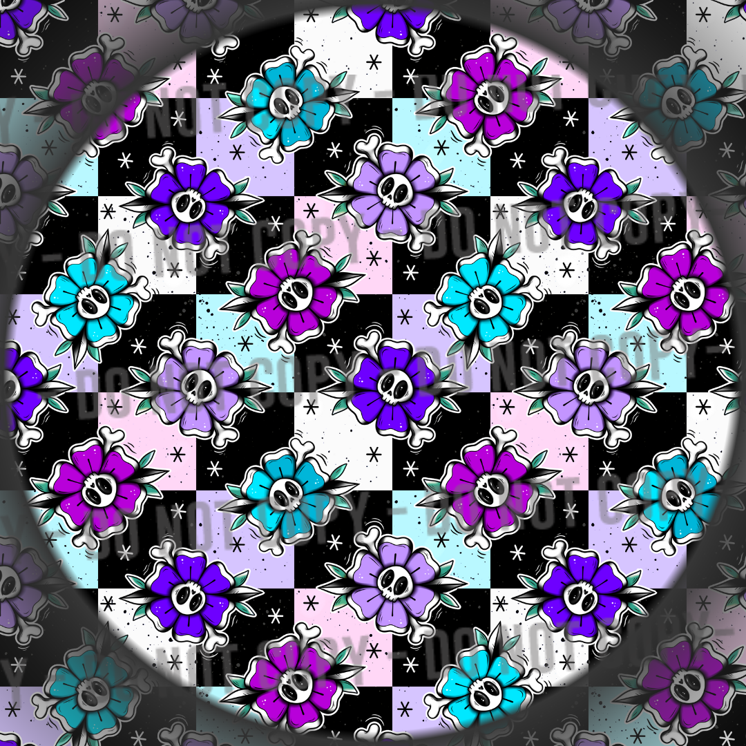 Floral Skull Checks - Purple