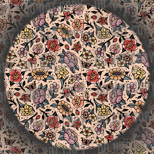 Distressed Trad Tattoo Flowers - Beige