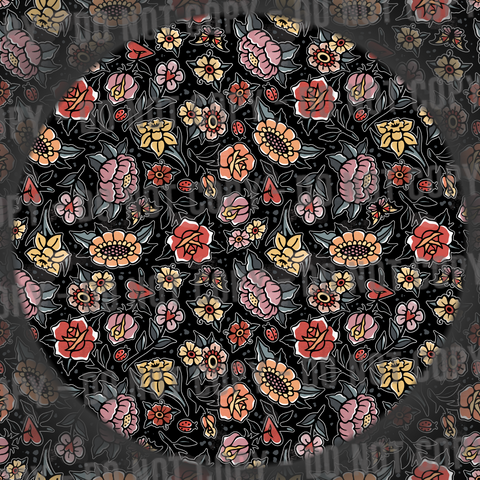 Distressed Trad Tattoo Flowers - Black