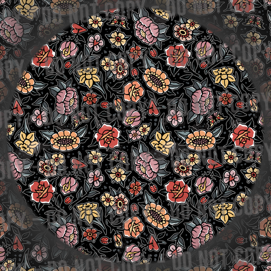 Distressed Trad Tattoo Flowers - Black