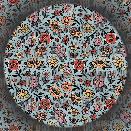 Distressed Trad Tattoo Flowers - Blue