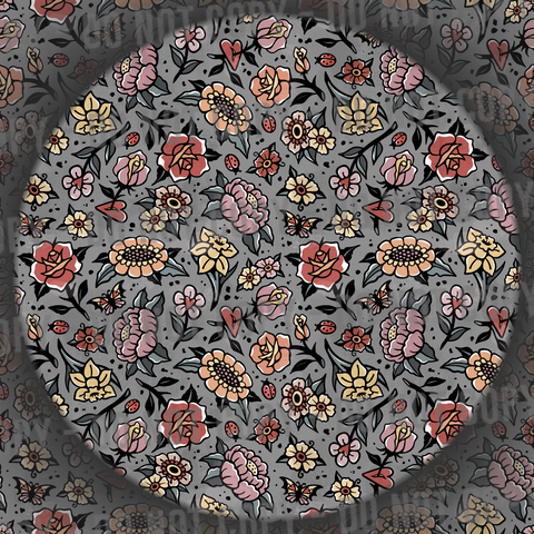 Distressed Trad Tattoo Flowers - Grey