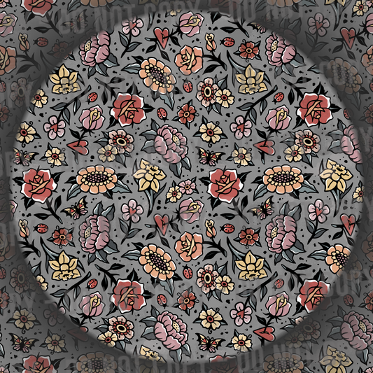 Distressed Trad Tattoo Flowers - Grey