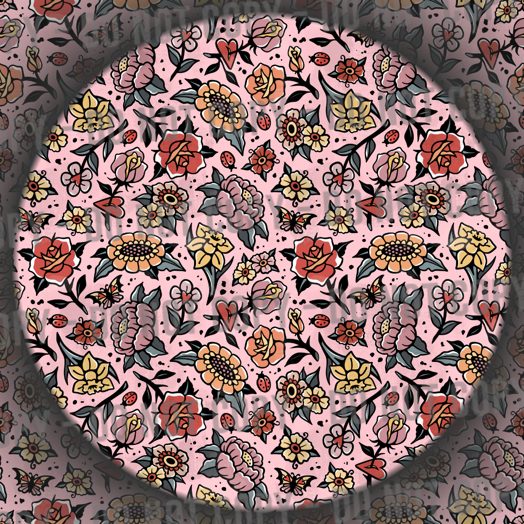 Distressed Trad Tattoo Flowers - Pink