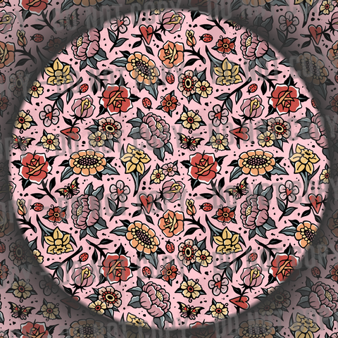 Distressed Trad Tattoo Flowers - Pink