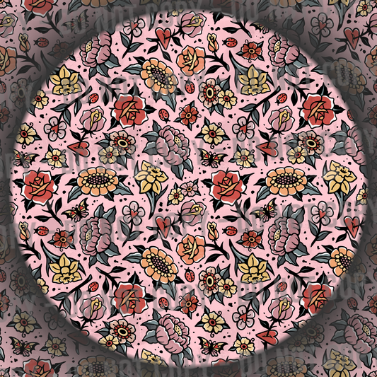 Distressed Trad Tattoo Flowers - Pink