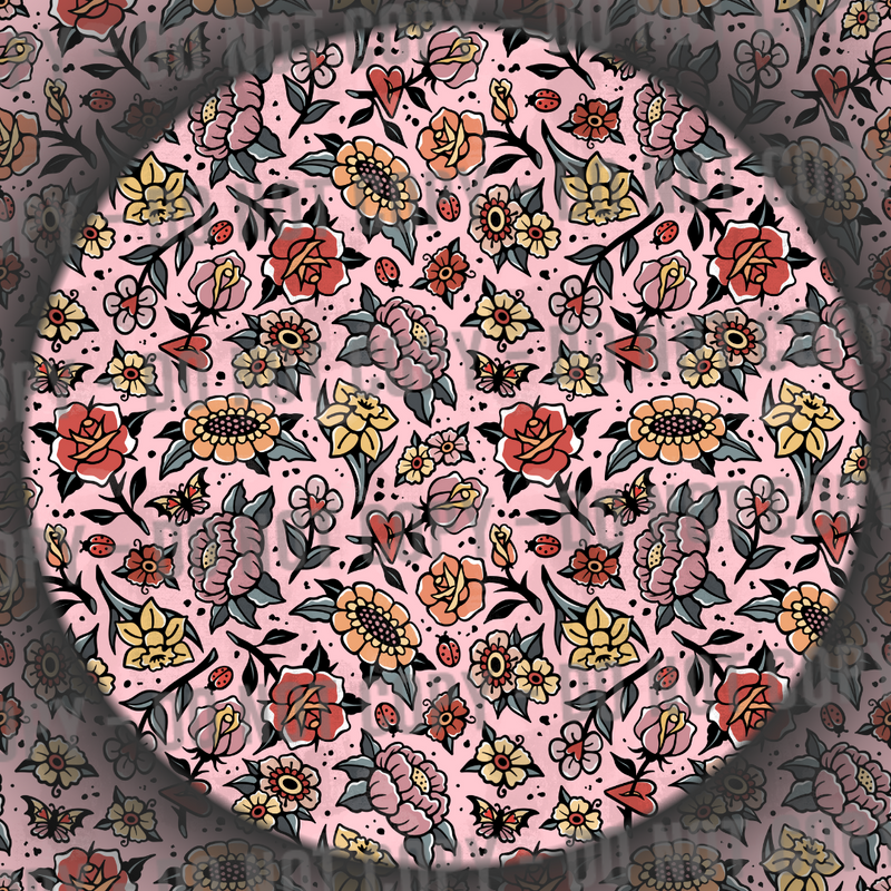 Distressed Trad Tattoo Flowers - Pink