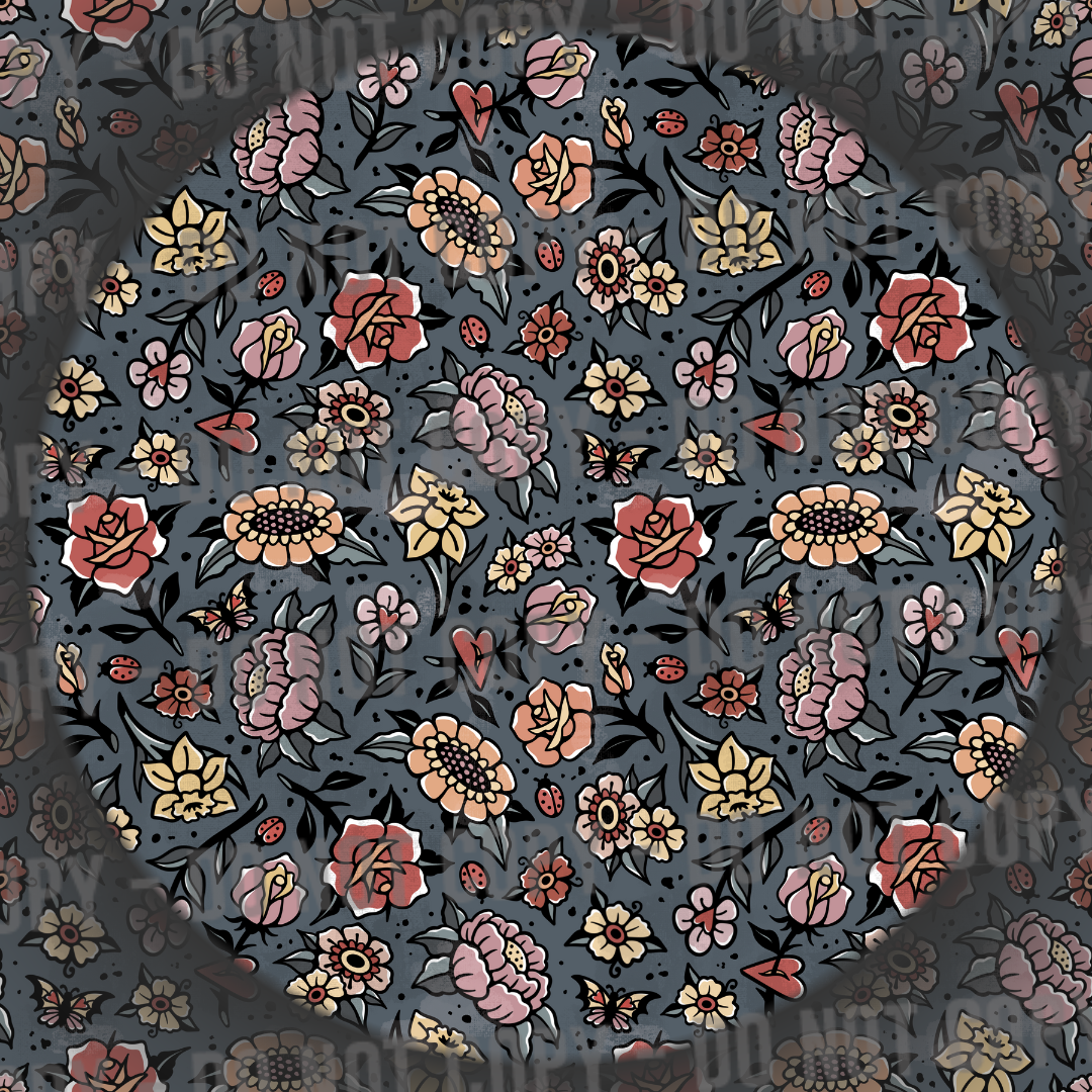Distressed Trad Tattoo Flowers - Teal