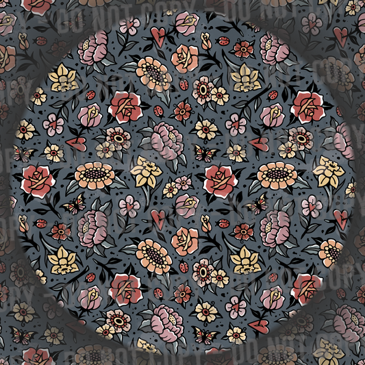 Distressed Trad Tattoo Flowers - Teal