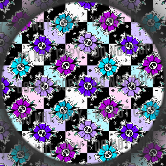 Floral Skull Checks - Purple