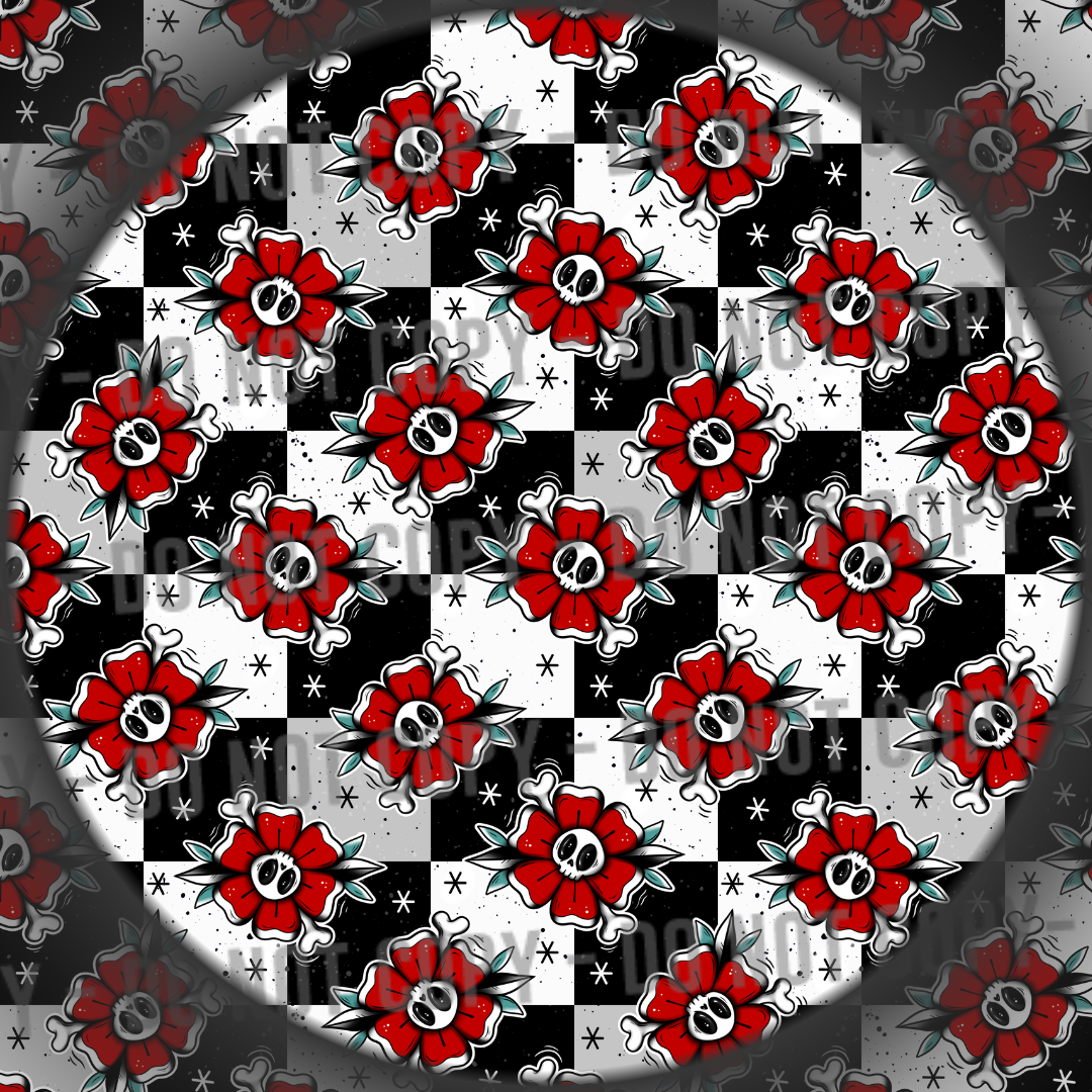 Floral Skull Checks - Red
