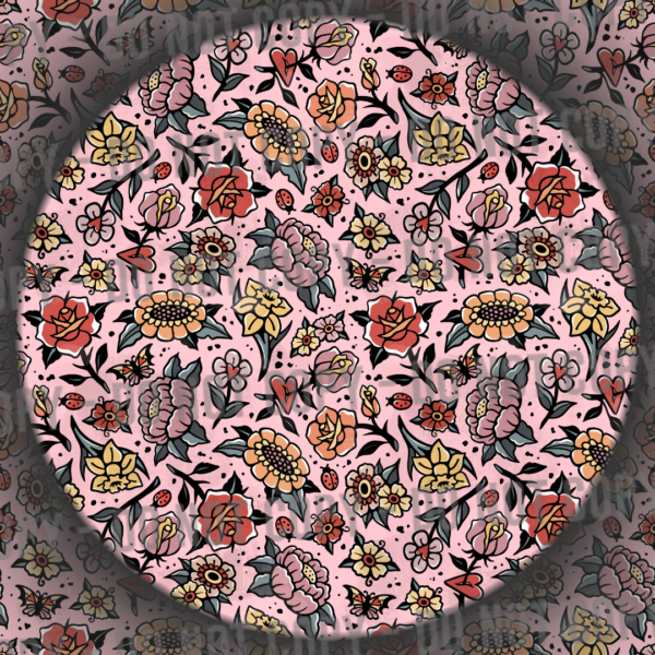 Distressed Trad Tattoo Flowers - Pink
